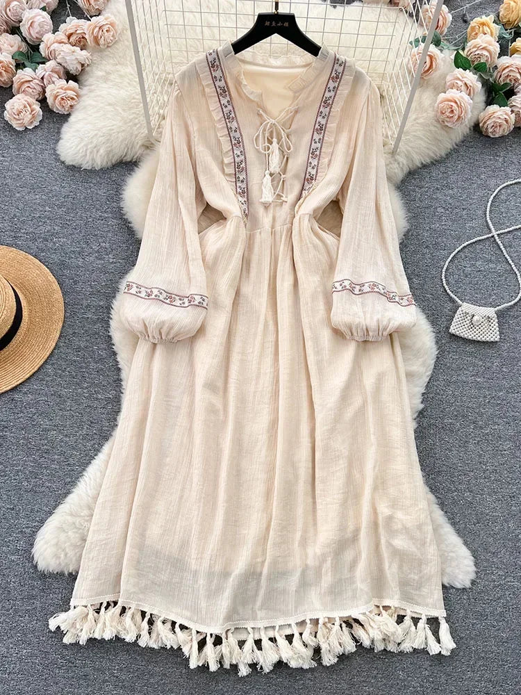 Boho Beige Maxi Dress With Tassel Hem
