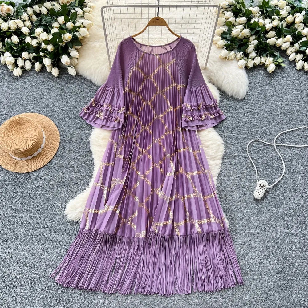 Lavender Ruffle Fringe Long Sleeve Maxi Dress on Luulla