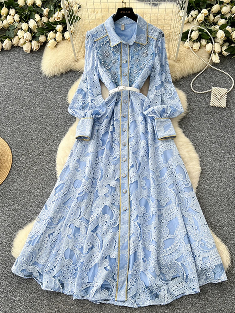 Blue Lace Long-sleeve Button-up Maxi Dress