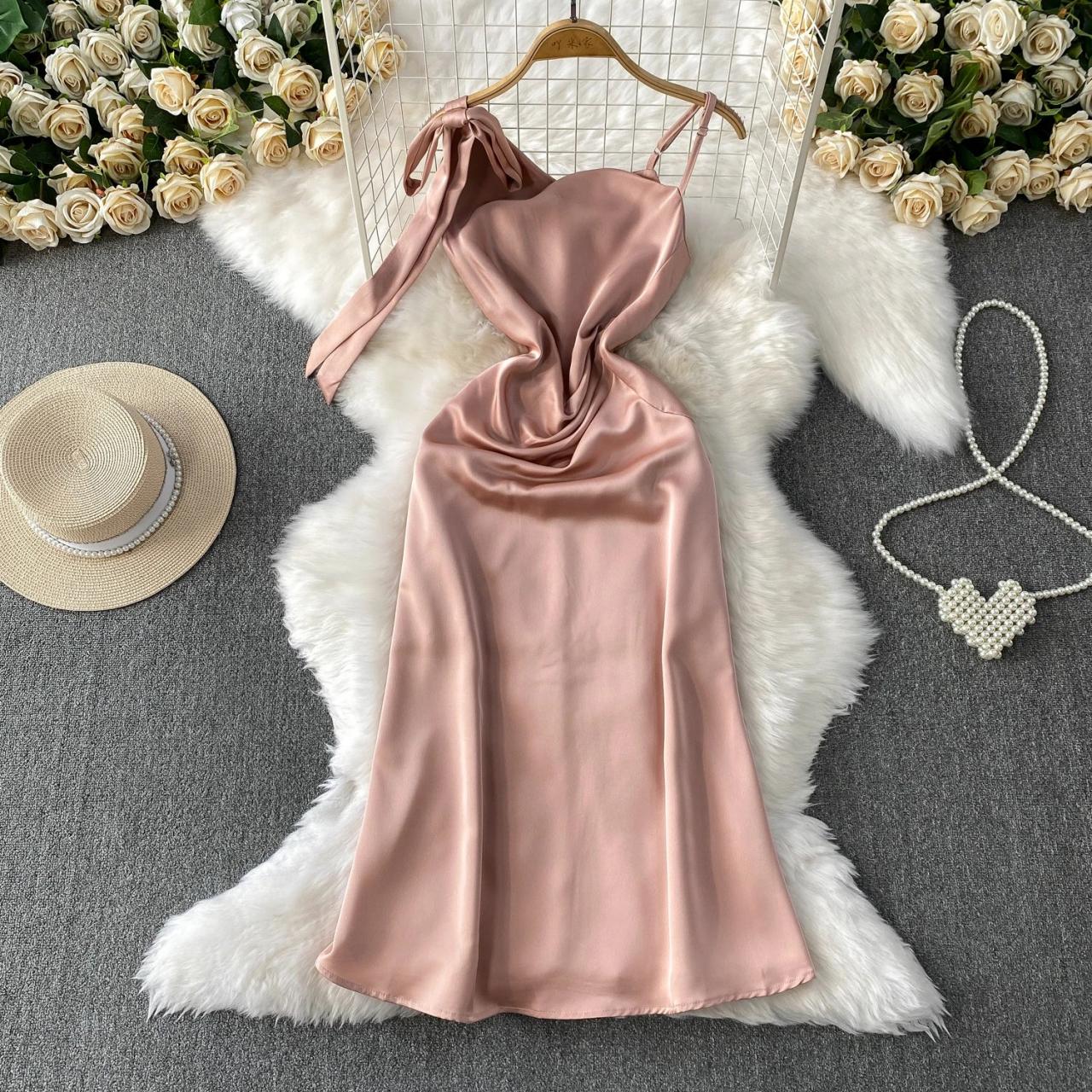 Champagne Satin One-shoulder Gown With Bow Accent on Luulla