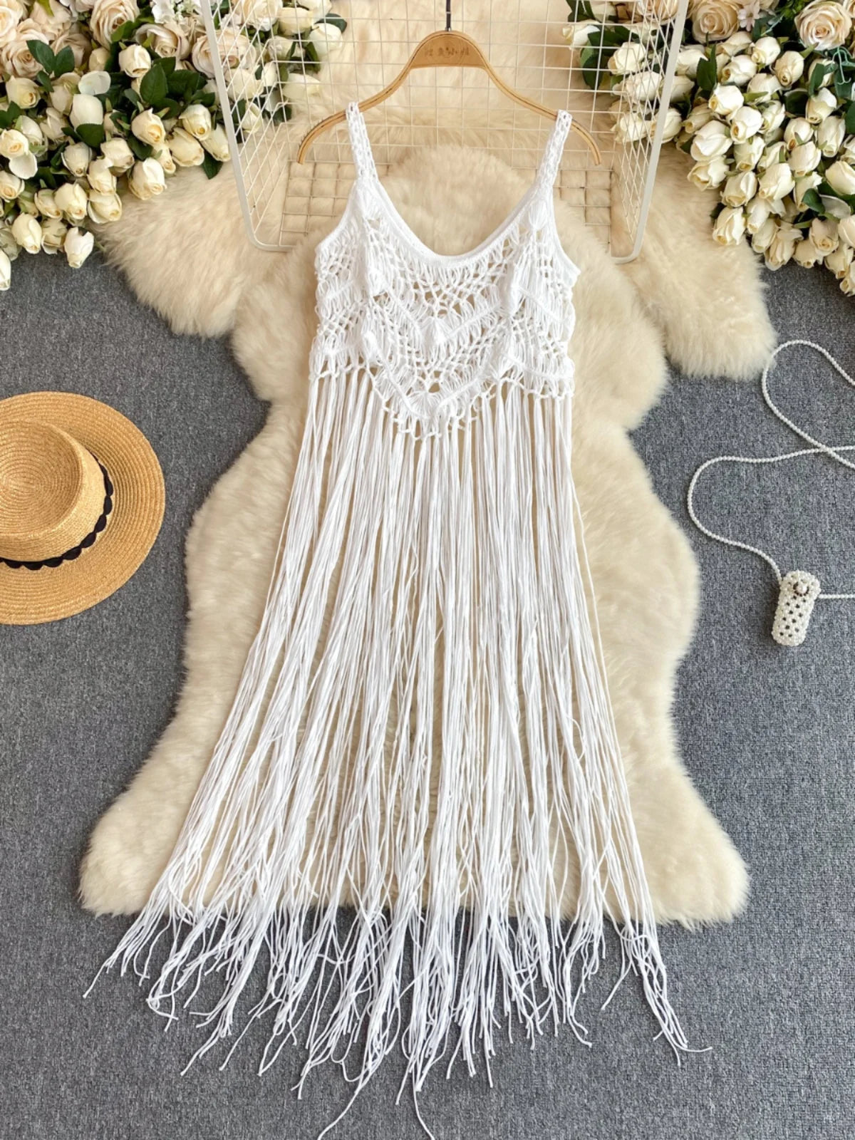 white christmas dresses 1920s Rayon Crochet Dress and Tassel Belt [sm/med/lrg] – Demetra Vintage