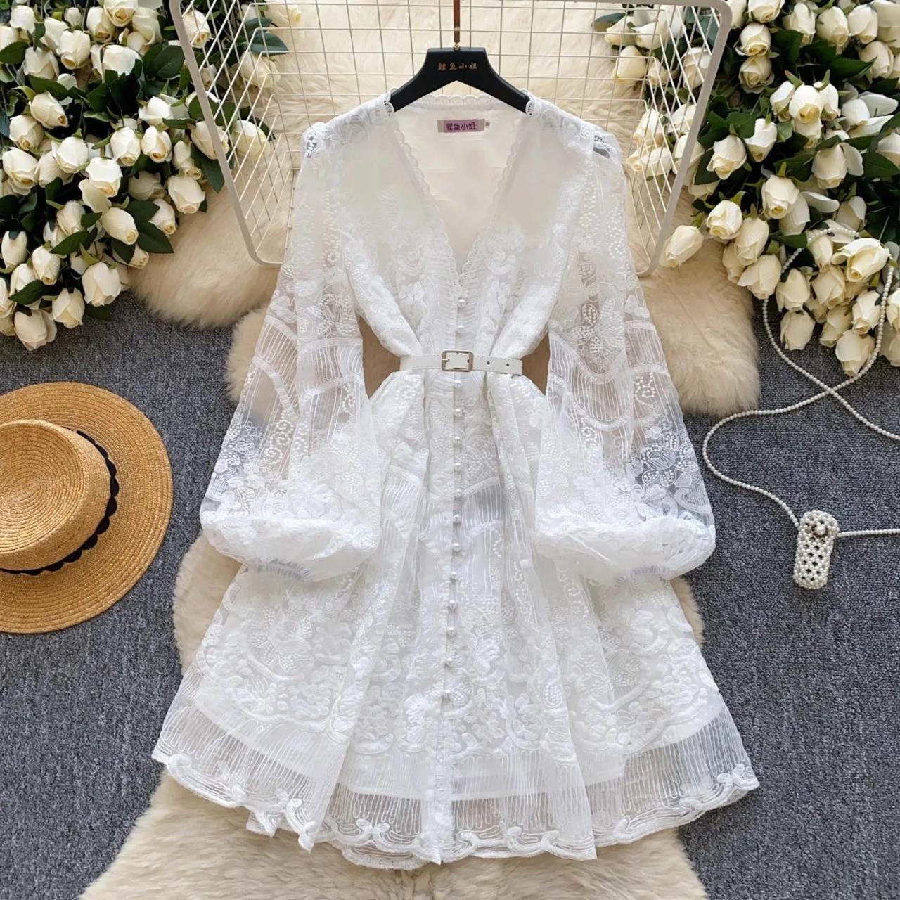white lace belted dress White Lace Long-sleeve Belted Maxi Dress