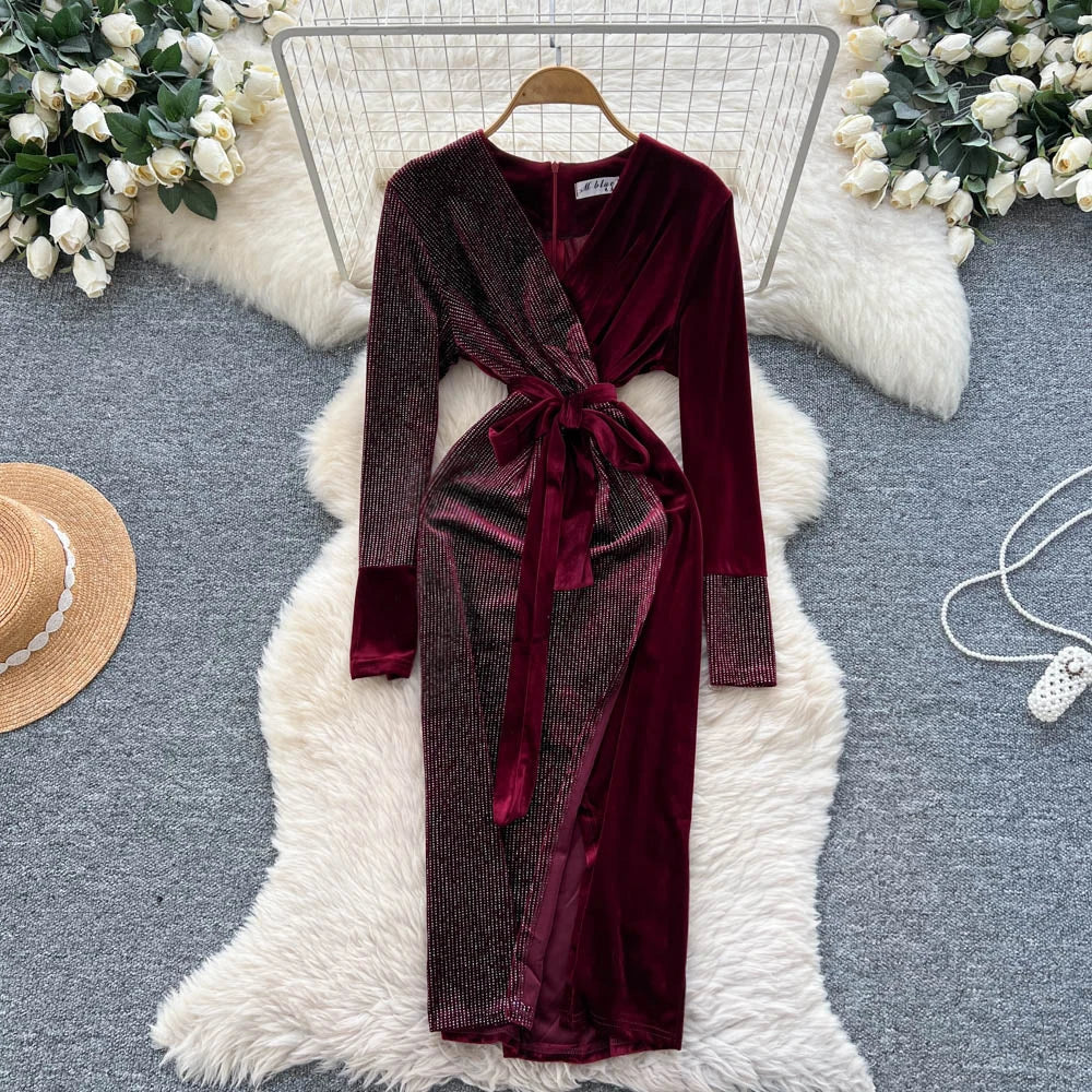 Burgundy Velvet Wrap Dress With Tie Waist