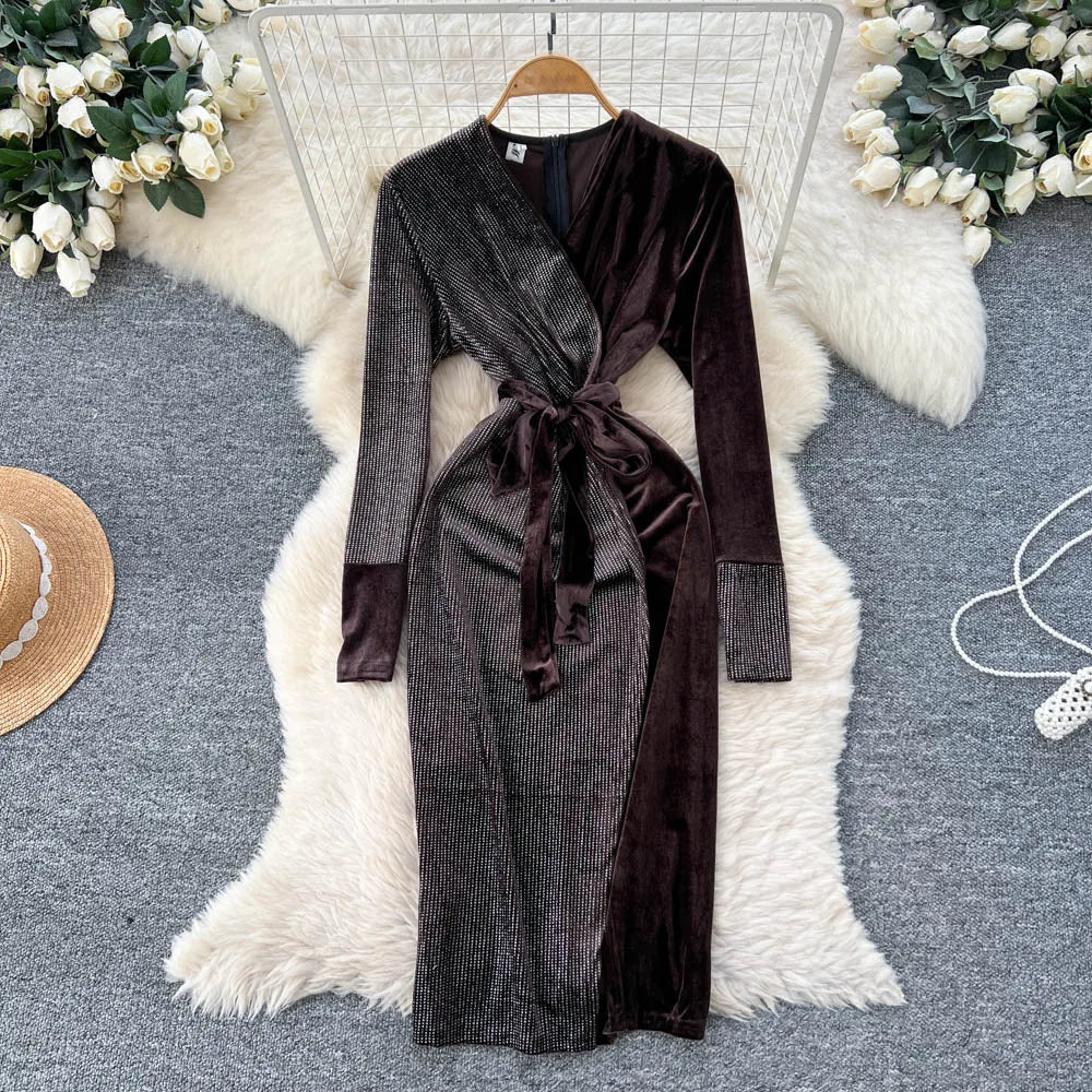 Burgundy Velvet Wrap Dress with Tie Waist