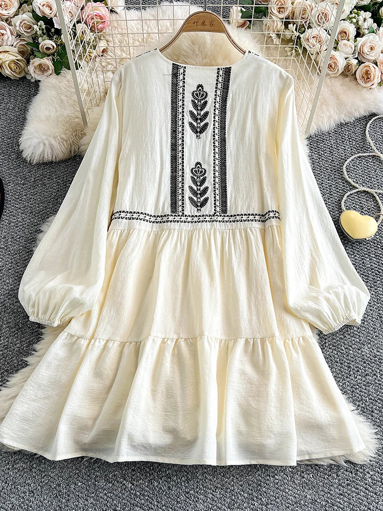 white boho tunic dress White Floral Embroidered V-neck Boho Tunic Dress