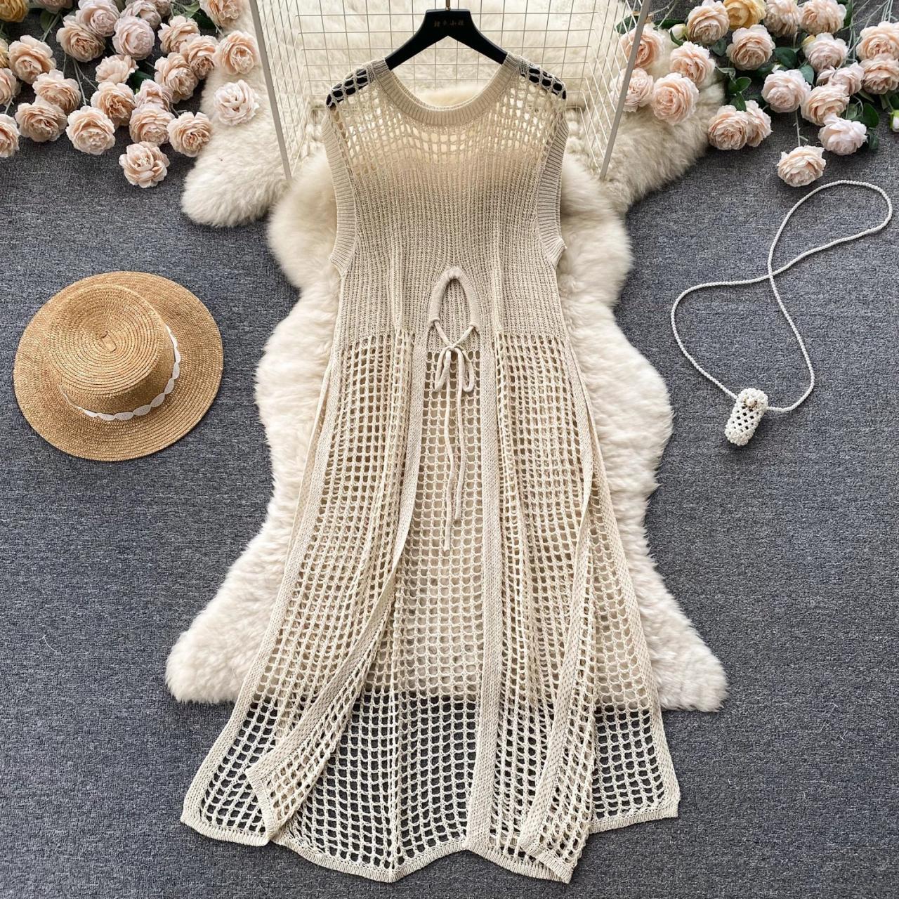 crochet maxi dress beige Barefoot Belle Crochet Fringe Halter Maxi Dress Large main image 0