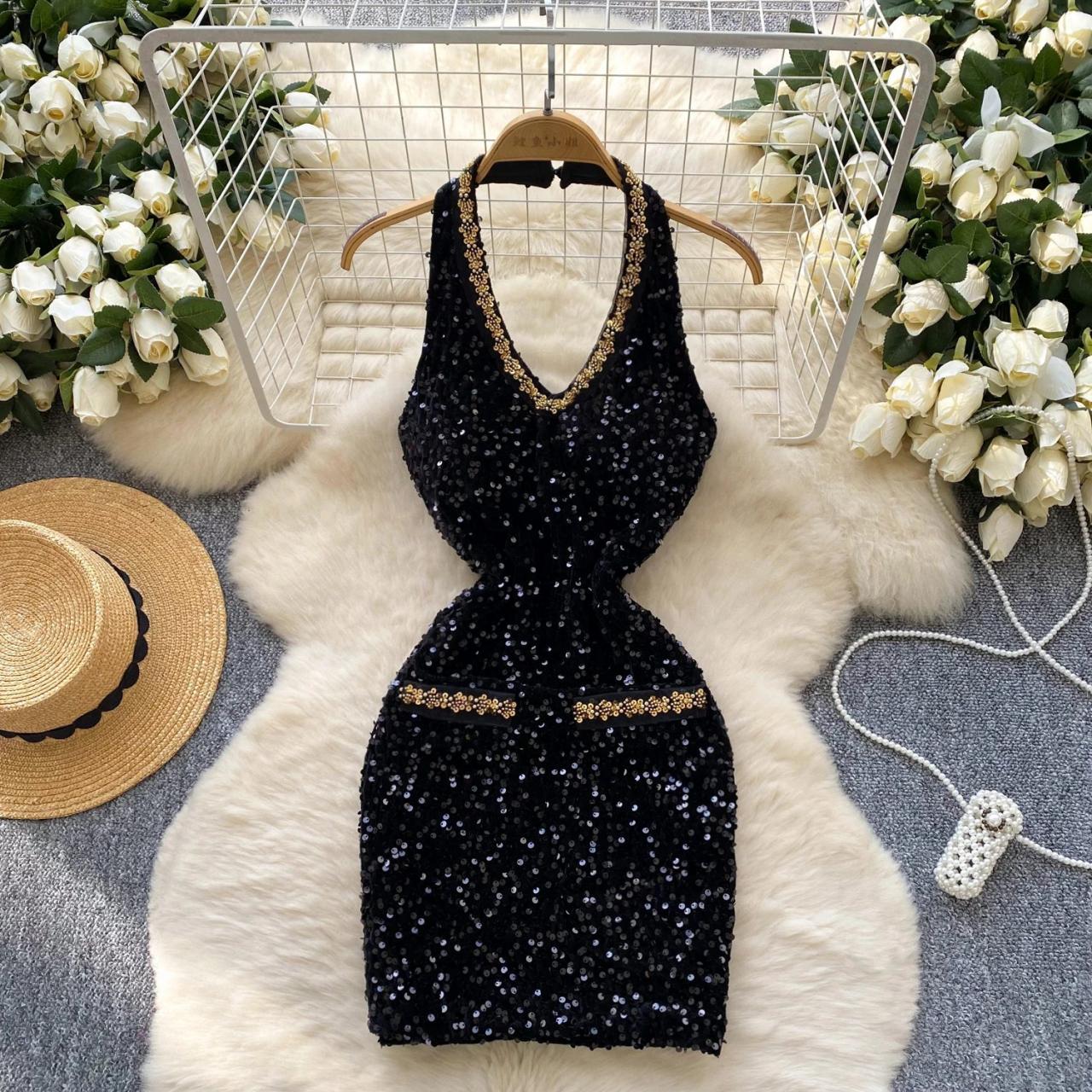 black and gold sequin bodycon dress Sparkling With Accents on Luulla collection: earth tones Size:Juniors/Women 2 white dress. black booties Black mesh and stunning