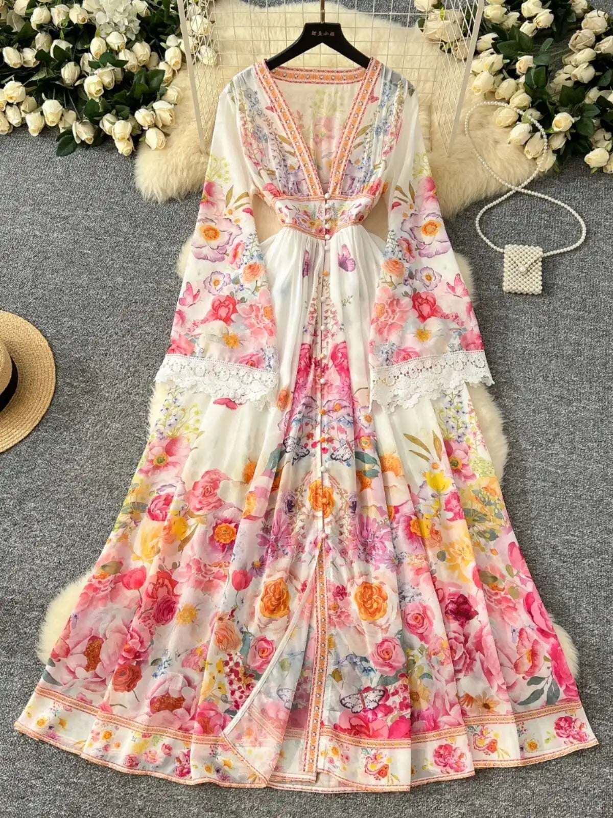 Floral Multicolor Bohemian Maxi Dress With Lace Detailing