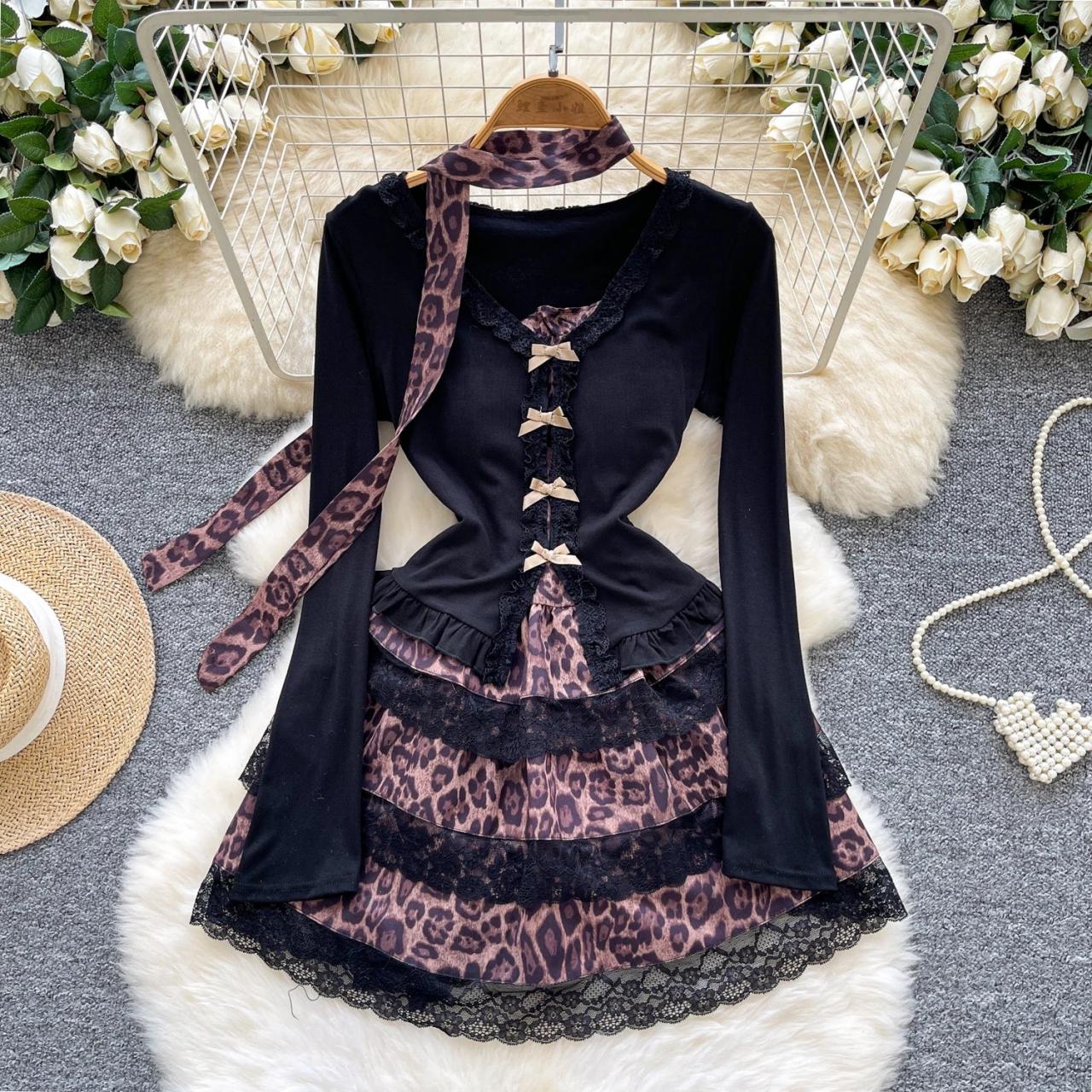 Black Leopard Print Lace Trim Gothic Dress on Luulla
