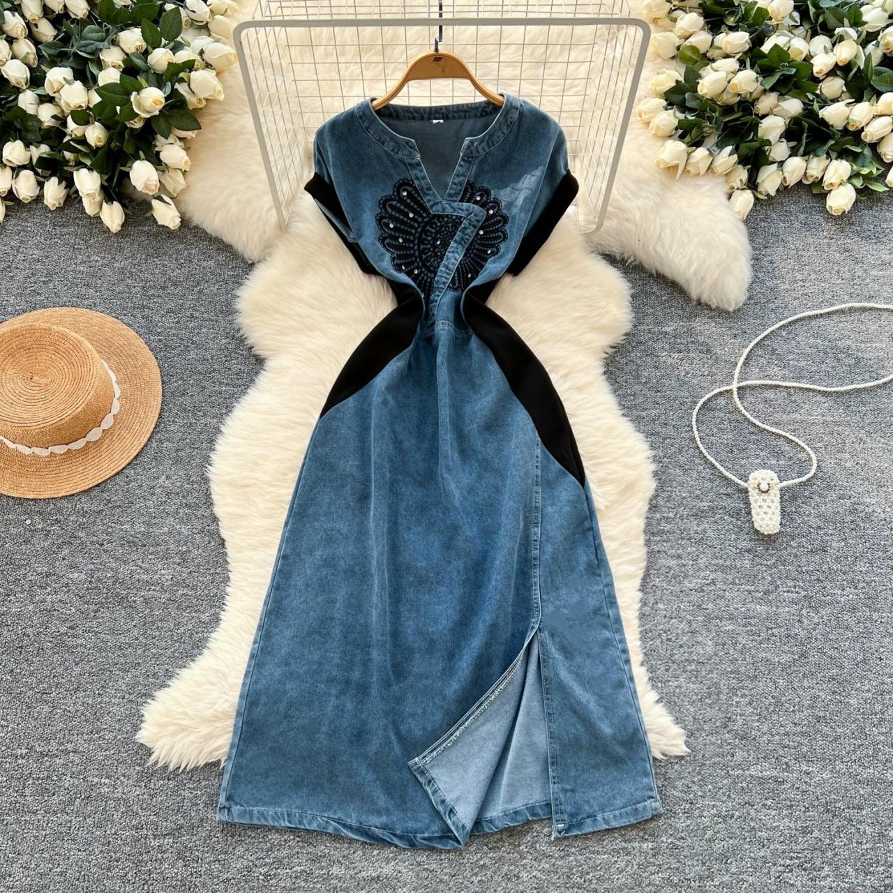 denim butterfly dress Blue Denim Dress With Butterfly Embroidery Details