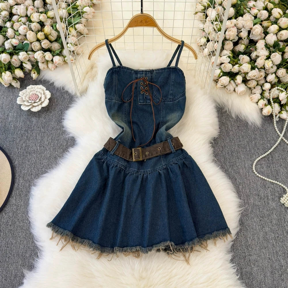 Denim Blue Dress with Belted Frayed Hem