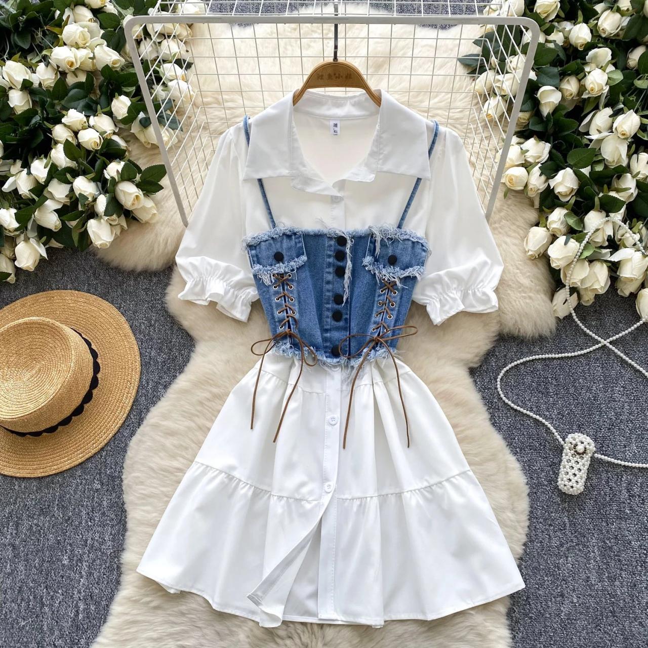 white mini dress denim TIE STRAP Approx 23.6 inch / DepartmentID: 3 Farbic order - Choose size:3 yards / 2.7 meters Women's Ecru Bodycon Seam