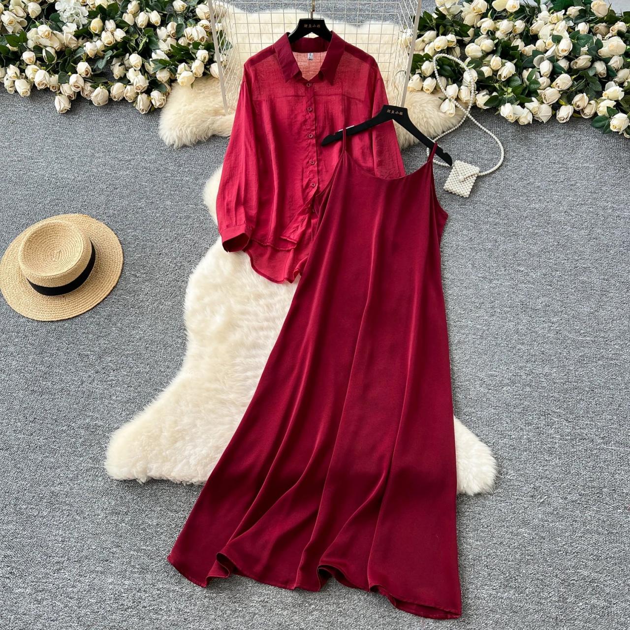 red satin camisole dress Wine Red Satin Dress With Shirt Overlay