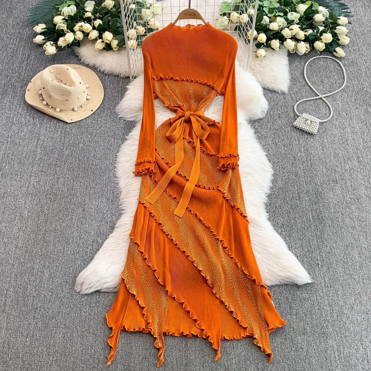 Vibrant Orange Long-sleeve Backless Tie-waist Dress on Luulla