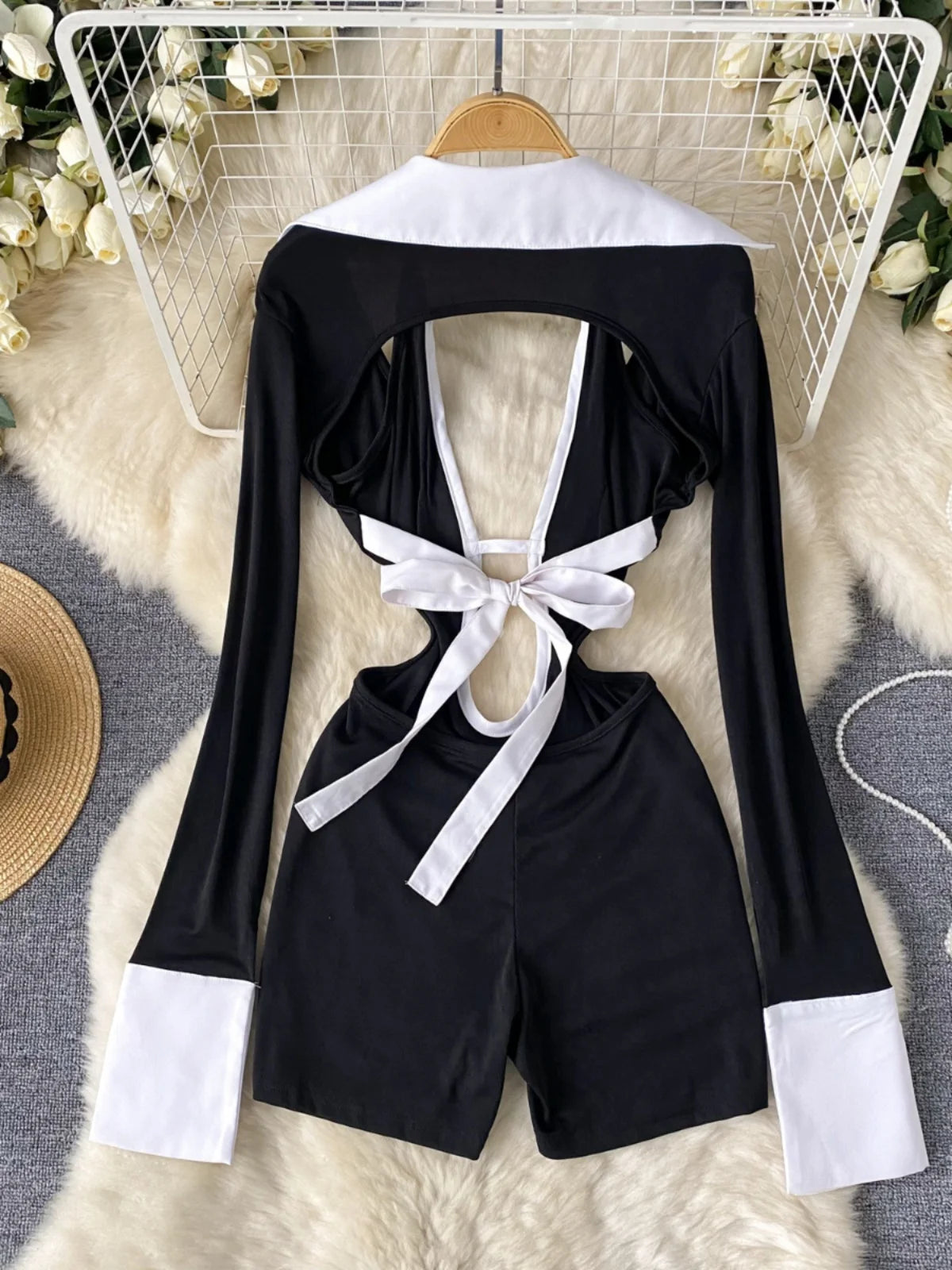 Black Long Sleeve Cutout Bodycon Romper Dress