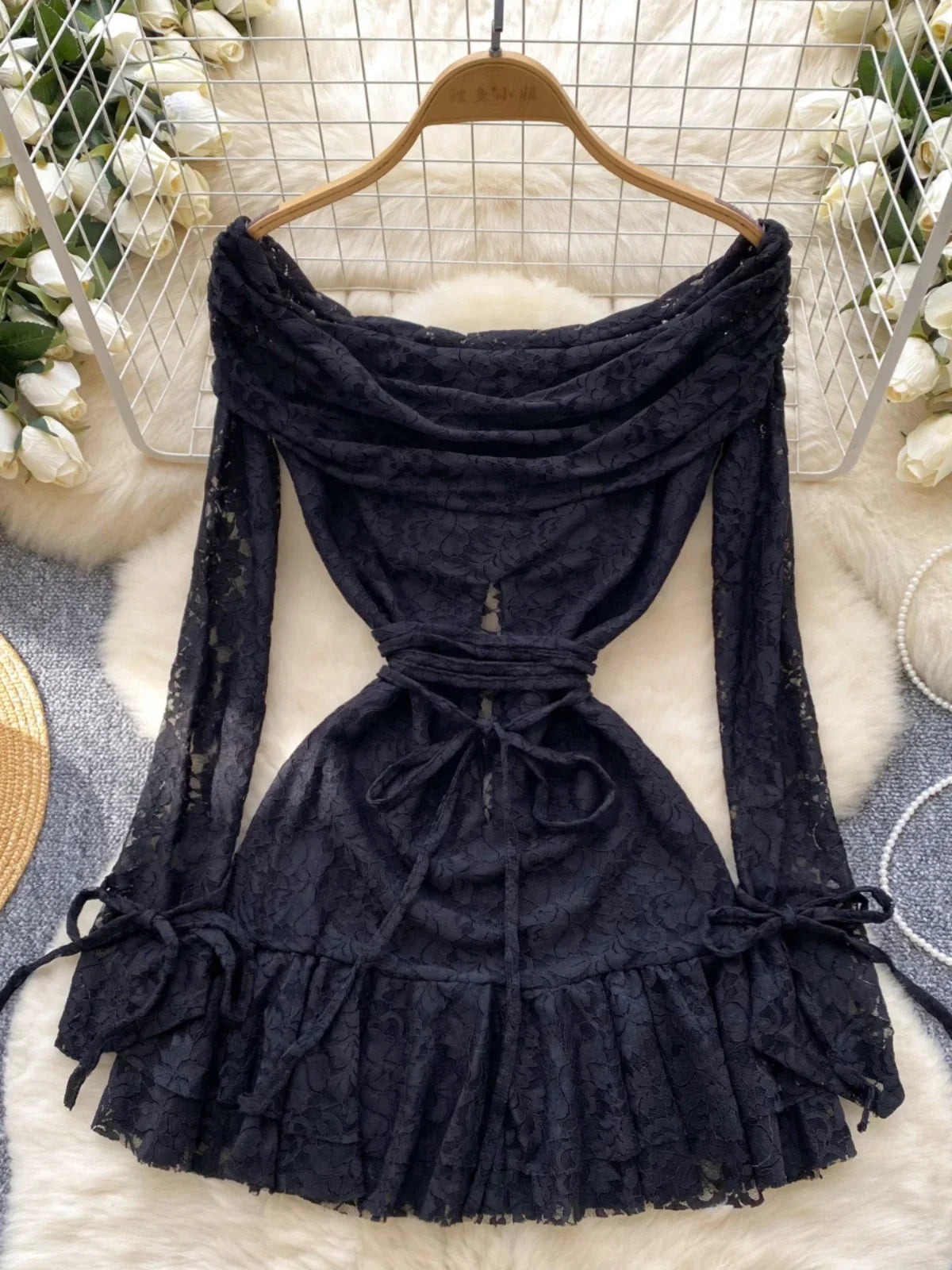 Black Lace Off-shoulder Dress With Tie Waist