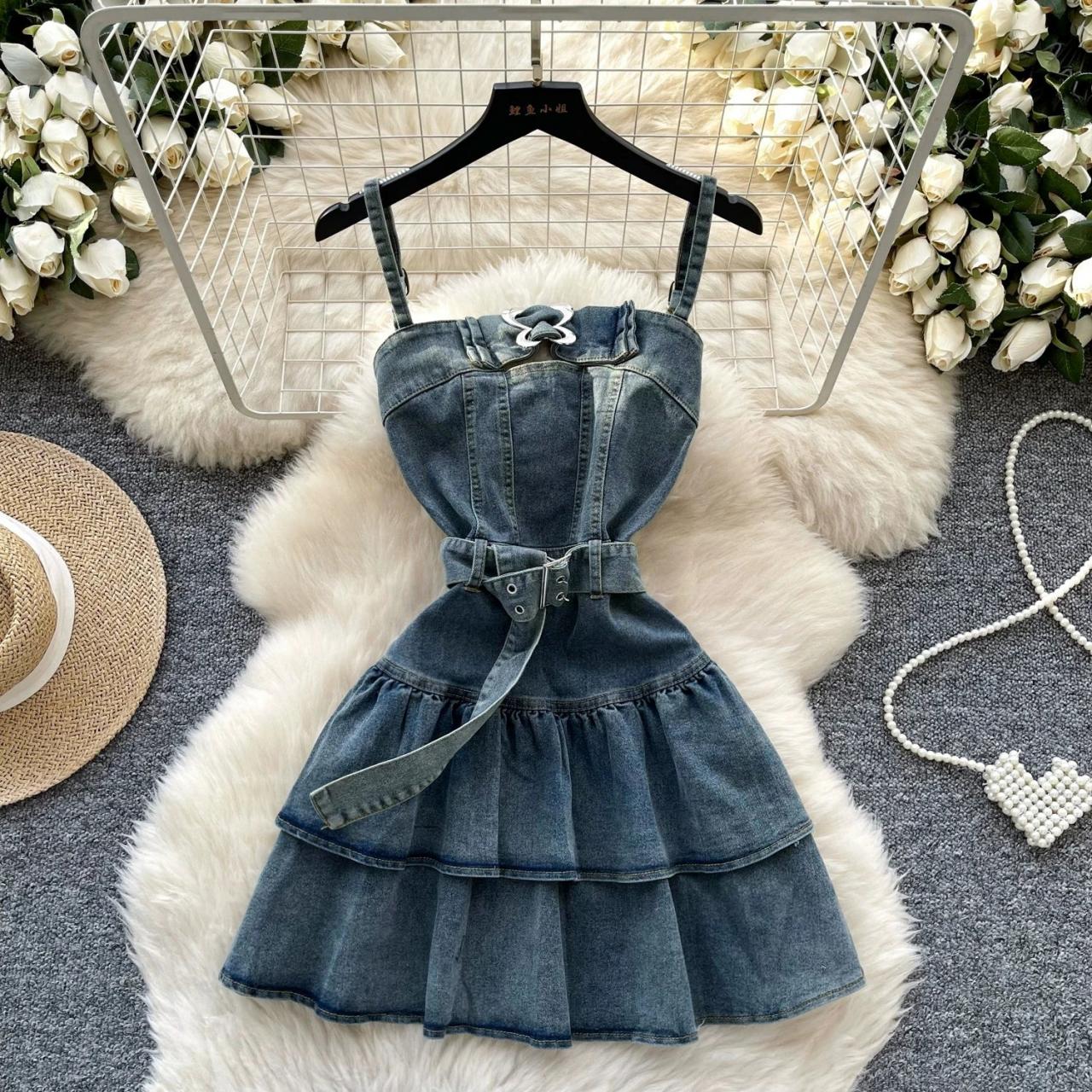 denim tiered mini dress Puff-Sleeve Tiered Denim Mini Dress