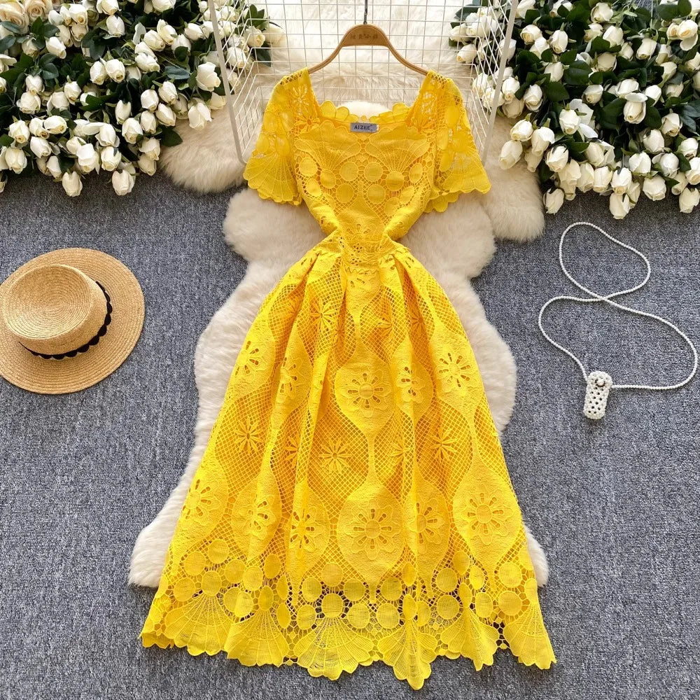 knee length dresses for ladies Yellow Lace Square Neck A-Line Midi Dress main image 1