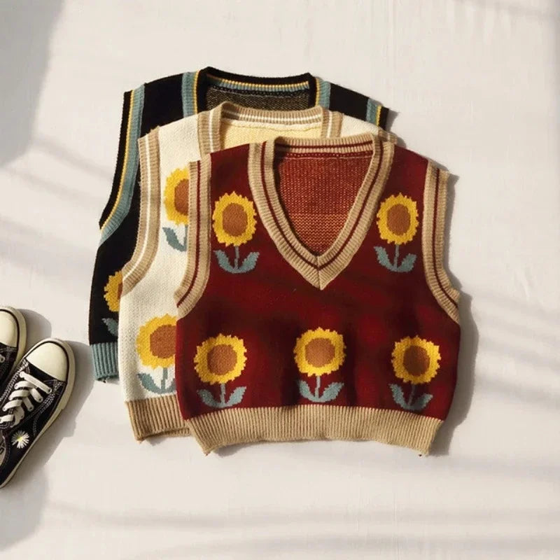 Sunflower Knit Vest, Multicolor, Cozy Sleeveless Fashion on Luulla